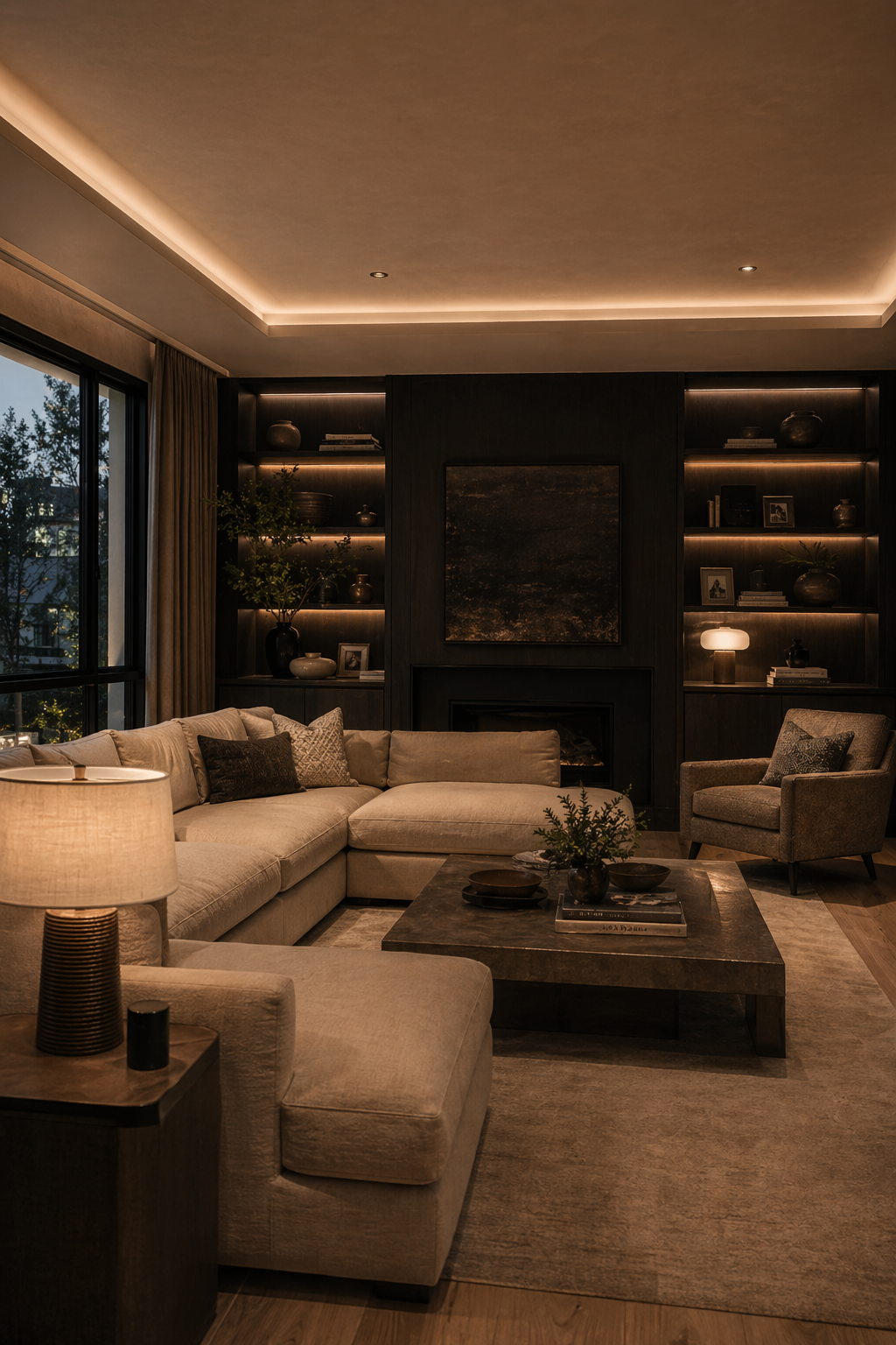 Joinery and shelf lighting in a London living room