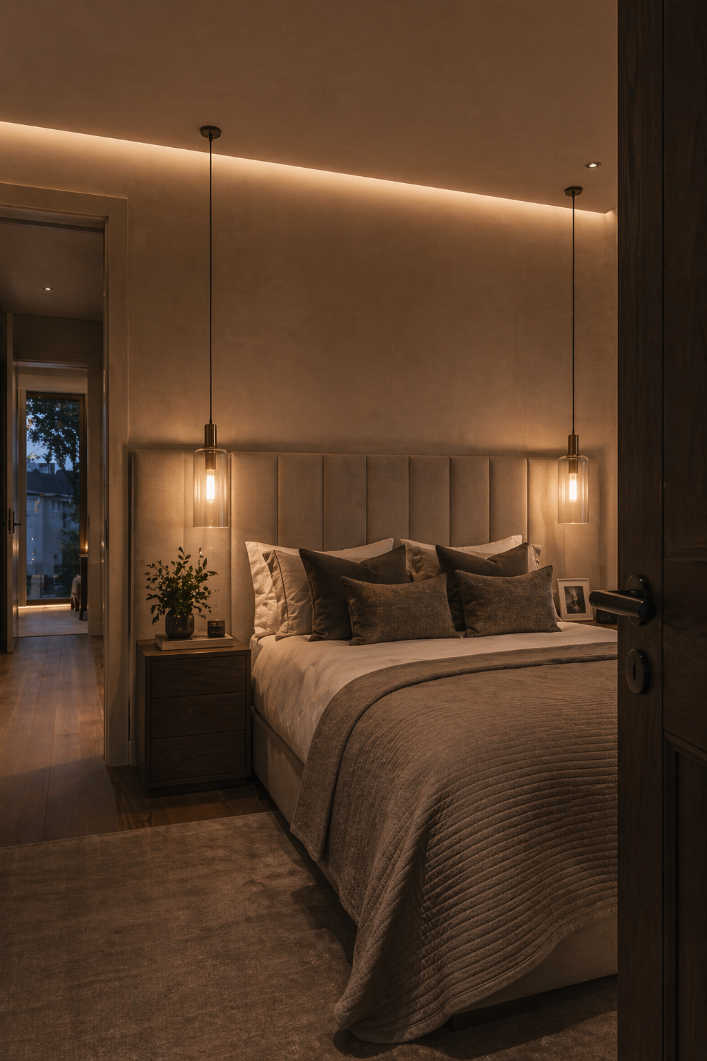 Bedroom pendant and cove lighting in a London home