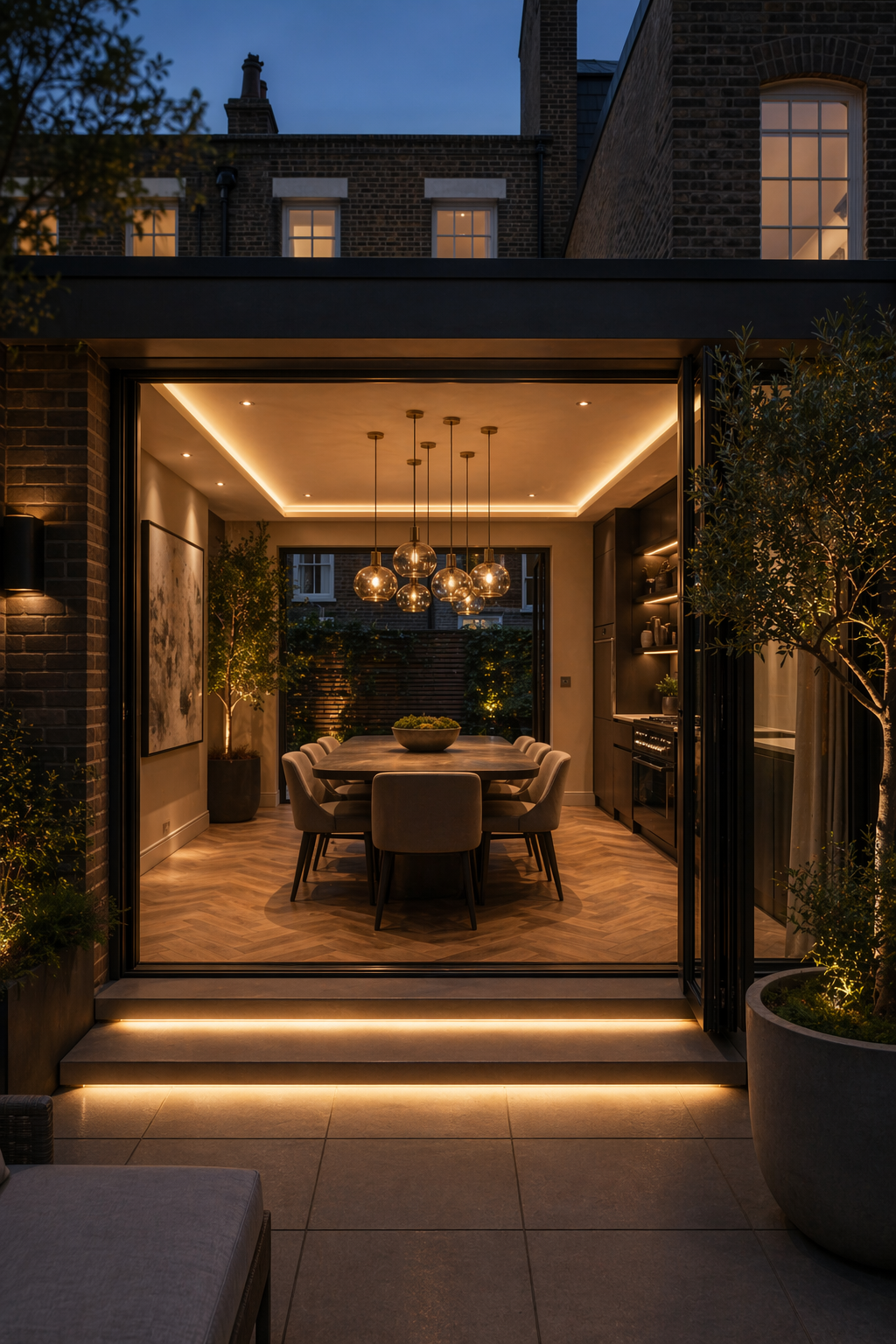 Rear extension dining lighting with feature pendants
