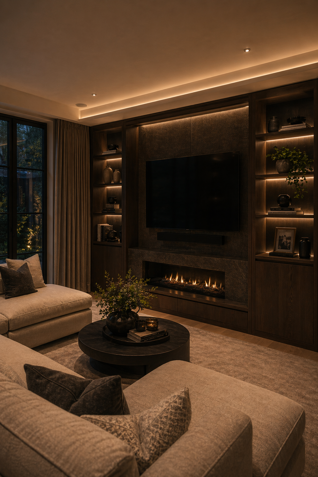 Media wall and ambient lighting in a London lounge