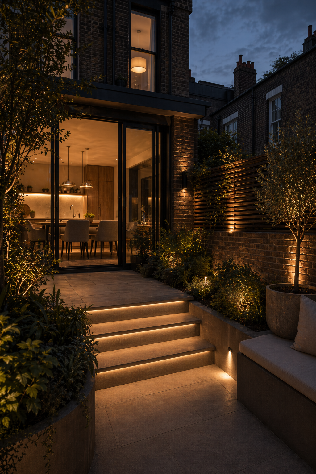 Garden terrace step lighting outside a London home