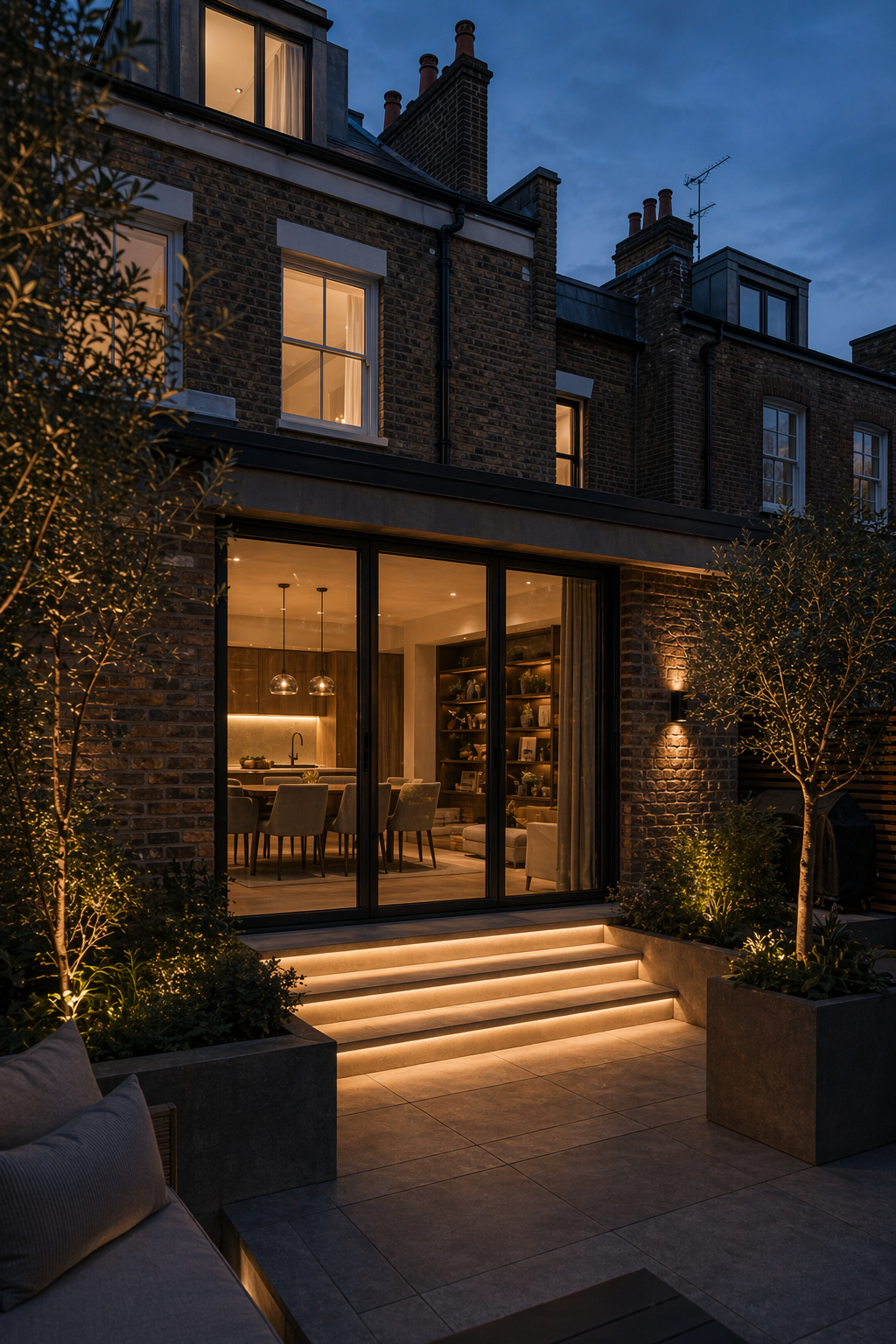 Blue-hour rear extension exterior with warm lighting