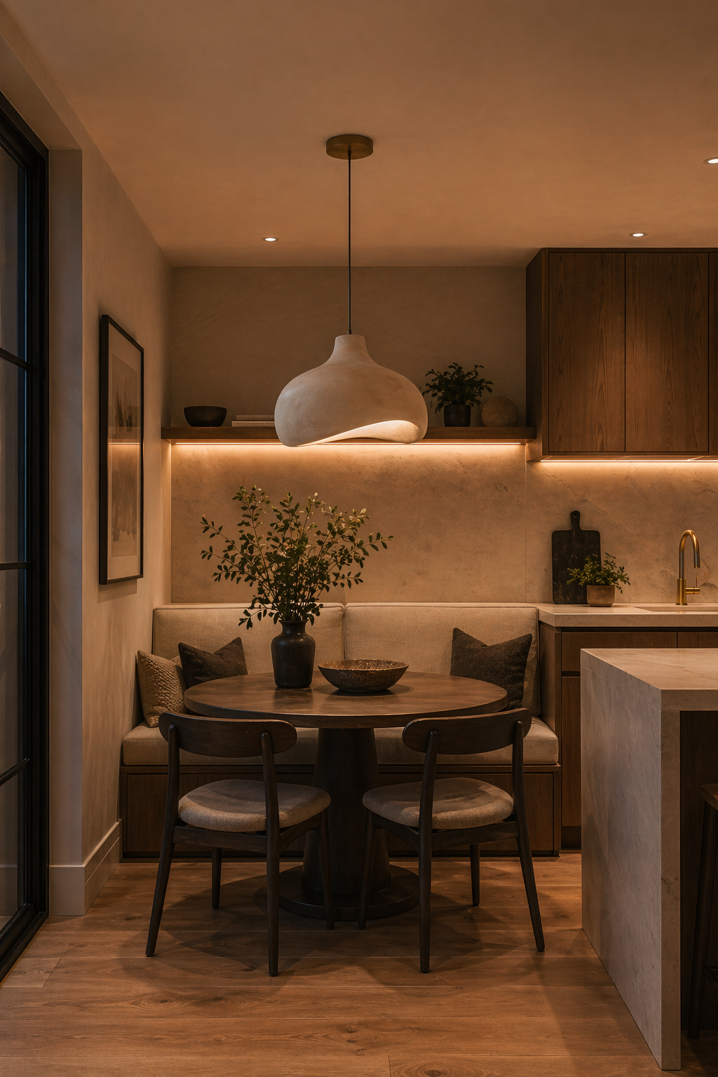 Kitchen breakfast nook with pendant and cabinet lighting