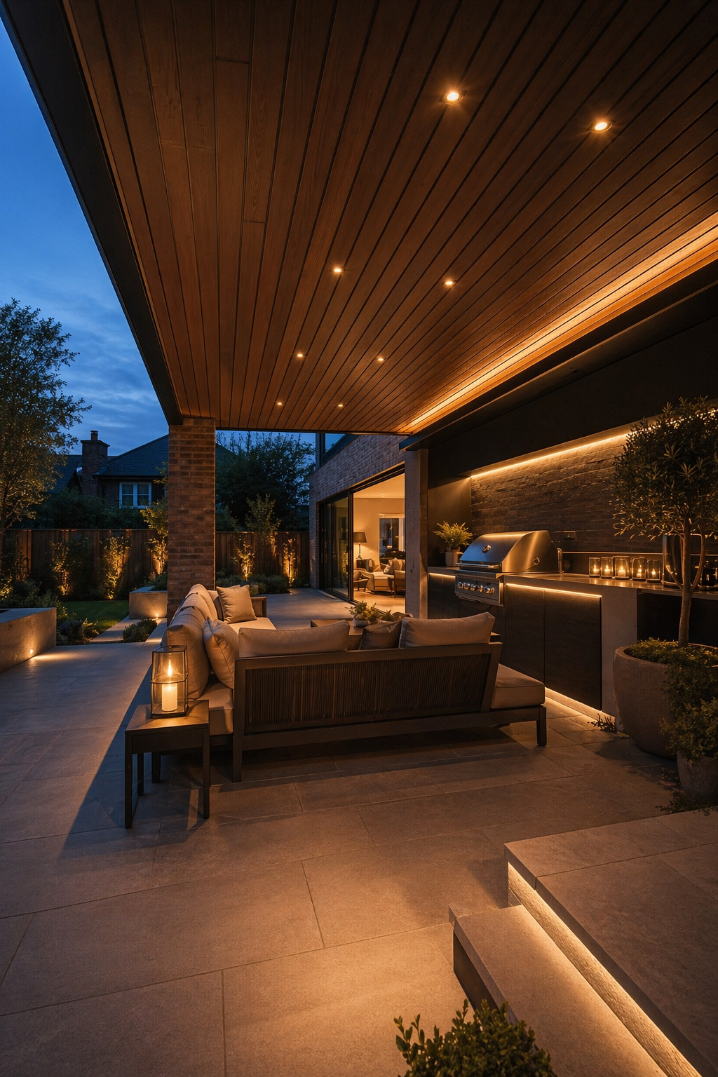 Covered terrace lighting at dusk