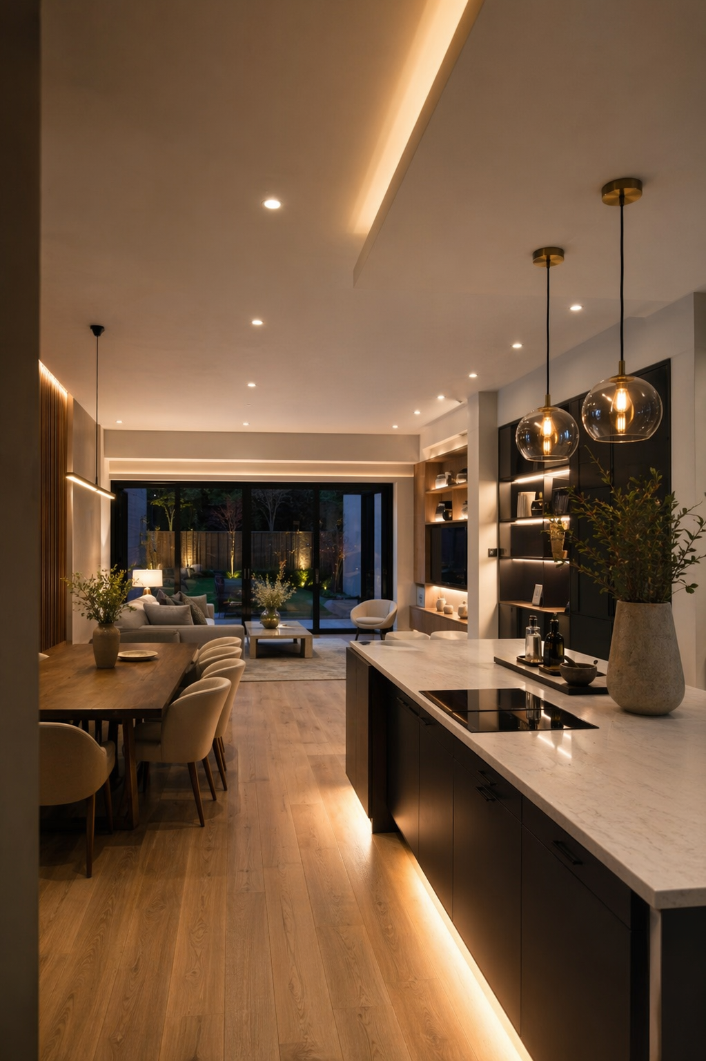 Open-plan living and kitchen lighting scheme