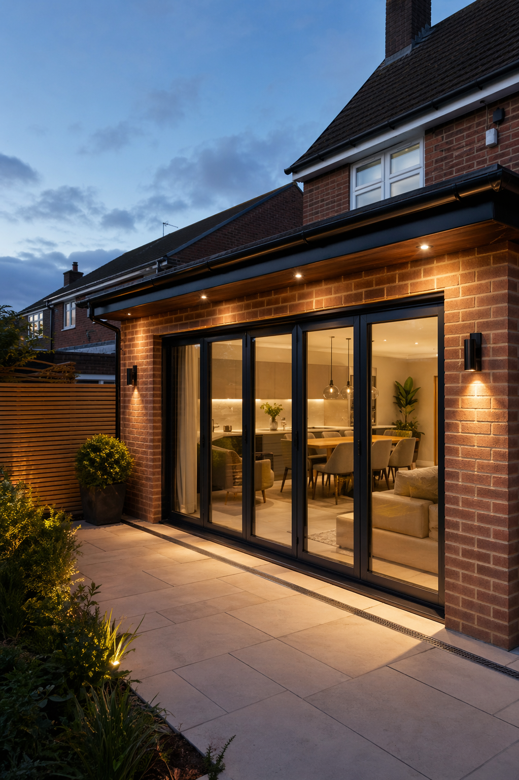 Rear extension exterior lighting at dusk